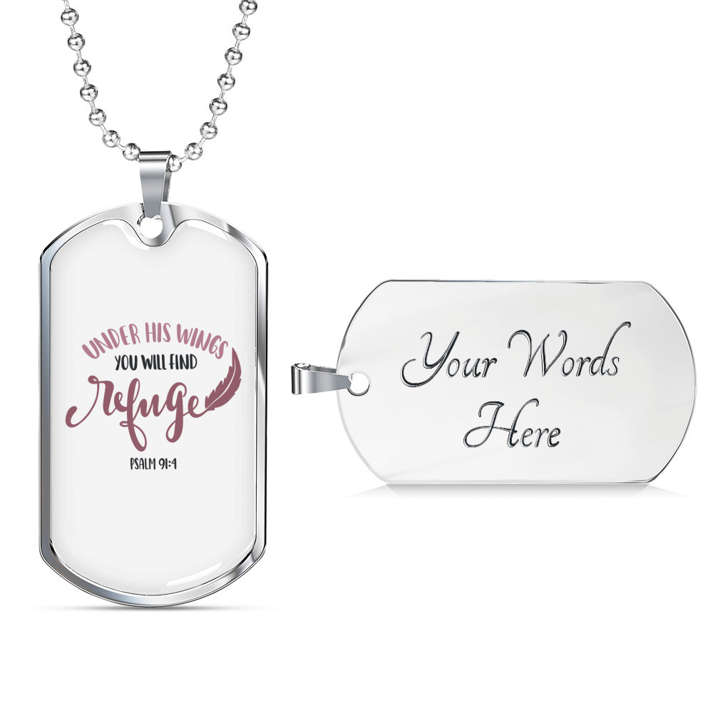 Under His Wings Psalm Christian Necklace Stainless Steel or 18k Gold Dog Tag 24"
